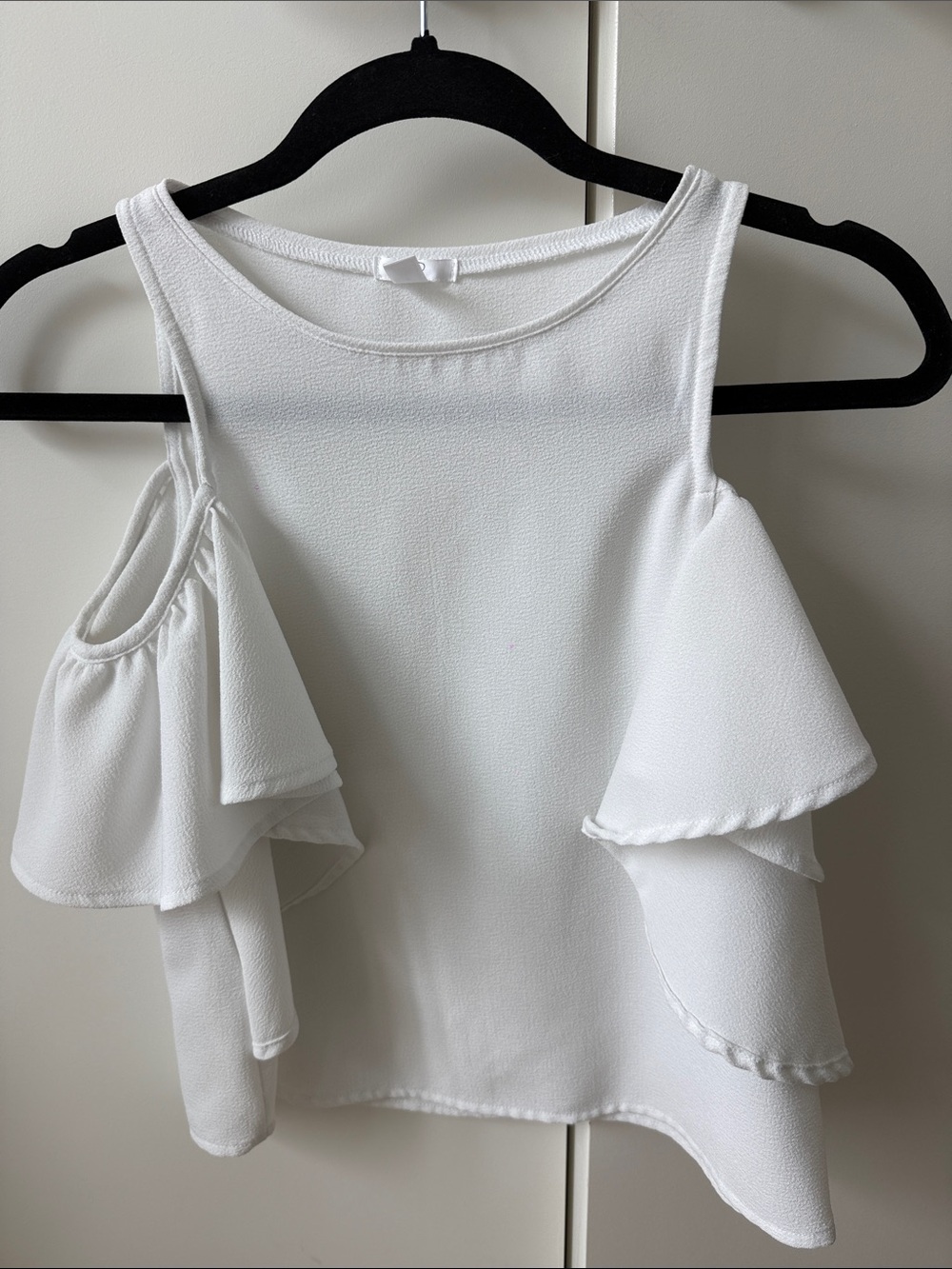 Womens White Cold-Shoulder Ruffle Top